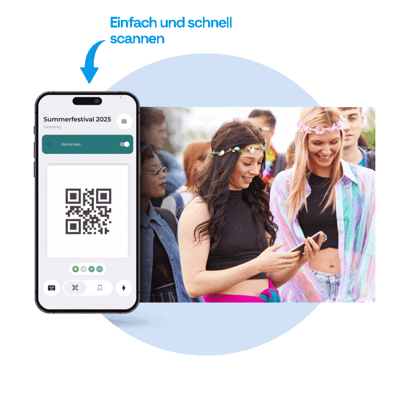 Funktion: Digitale Einlasskontrolle mit der Scanner-App Darstellung der Scanner-App für mobile Einlasskontrollen bei Veranstaltungen